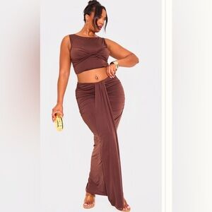 PLUS BROWN SLINKY SLEEVELESS CROP TOP AND MAXI SKIRT